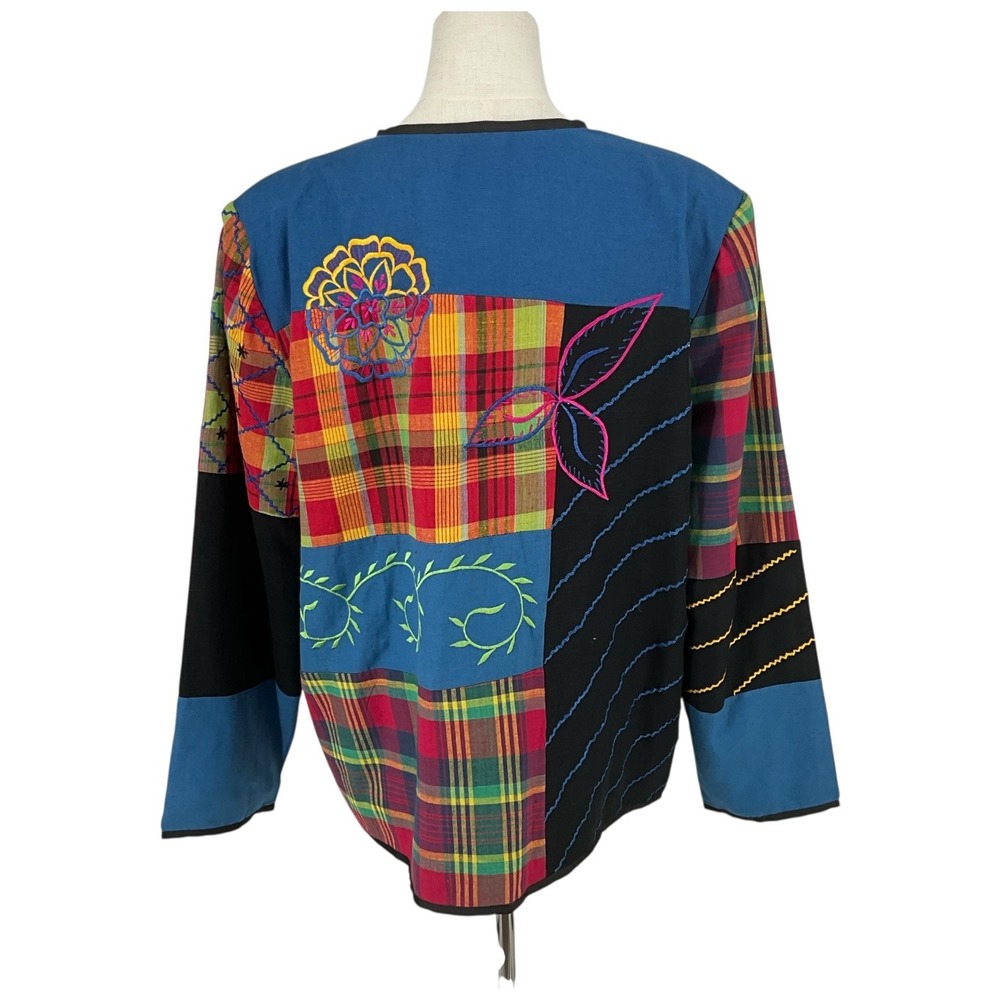 Alex Kim Patchwork Embroidered Jacket Blue Pink Plaid Artsy Boho XL - Picture 4 of 7